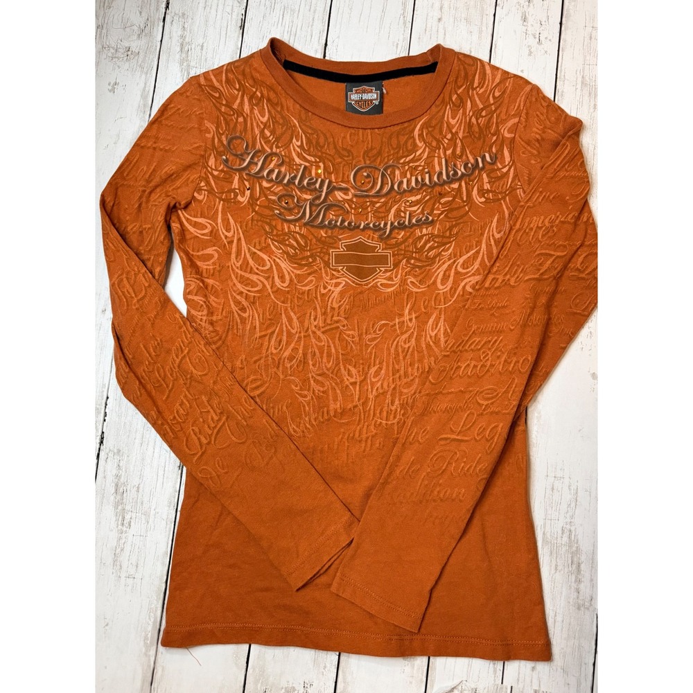 Harley-Davidson Womens Orange Flame Graphic Long Sleeve Shirt Rhinestone Logo